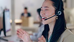 Call center, virtual assistant or Asian woman consulting in telecom, customer service or communication. Explain, help desk or friendly sales agent in microphone headset at crm or technical support 