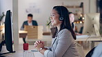 Call center, virtual assistant talking or Asian woman in customer service, telecom or communication. Explaining, help desk or friendly sales agent in microphone headset at crm or technical support 