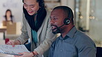 Coaching, black man or woman manager in call center for telemarketing in customer services office. Contact us, training or Asian leader teaching an insurance agent on new job advice on computer 