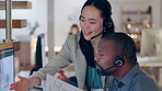 Training, black man or woman manager in call center for telemarketing in customer services office. Contact us, coaching or Asian leader teaching an insurance agent on new job advice on computer 