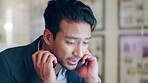 Call center, fatigue or tired man with burnout after consulting in customer service or CRM office. Depression, stress or overworked Asian male virtual consultant taking break at telemarketing support