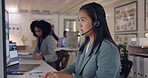 Call center, consulting and computer with woman in office for communication, business and customer service. Contact us, help desk and networking with consultant for advisory, solution and technology
