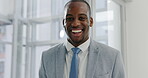 Business, black man and laughing portrait in office with pride and confidence for career choice. African entrepreneur person with a positive mindset and happy about development at corporate company