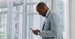 Happy man with phone, typing and scroll on social media meme for business networking and communication. Internet, search and African businessman, cellphone with mobile app and smile for chat online.