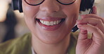 Call center, happy and closeup of woman mouth in office for communication, consulting and customer service. Contact us, help desk and networking with consultant for advisory, solution and technology