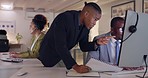 Computer, training mentor and business people in call center for customer service, support or sales at night in office. Leadership, coaching and black men helping telemarketing intern with document.