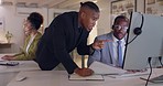 Computer, coaching mentor and business people in call center for customer service, support or sales at night in office. Leadership, training or happy black men help telemarketing intern with document