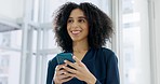 Happy woman with phone, thinking in office and scroll on typing social media or email for business networking. Communication, internet and businesswoman with cellphone, mobile app and chat online.