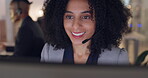 Call center, face and a woman with a headset at a computer for crm, online chat or advice. African female consultant working late for telemarketing, customer service or technical support at help desk