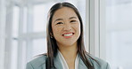 Corporate, business woman and portrait in office with a smile, pride and confidence. Professional Asian person as entrepreneur with a positive mindset and happy or career satisfaction at a company