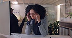 Stress, night and headache with business woman in office for anxiety, frustrated and burnout. Tired, fatigue and mental health with female employee at computer for sick, migraine and pain