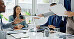 Business analyst, meeting and people with paperwork for collaboration, planning or discussion in company office. Group teamwork, corporate employees and documents for report, proposal or information