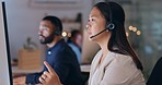 Help, talking and Asian woman with telemarketing, call center or advice for telecom sales, headphones or speaking. Female person, employee or consultant with headset, customer service or tech support