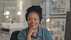 Face, smile and computer with a business black woman at a desk in her office looking happy in her career. Portrait, positive mindset and confident with a female employee sitting in the workplace