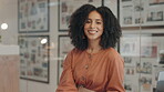 Face, afro and computer with a business woman at a desk in her office looking happy in her career. Portrait, happy mindset and confident with a young female employee sitting in the workplace