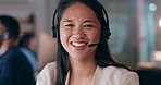 Business woman, night and call center portrait with a smile in a office with telemarketing. Asian female person, professional and confidence late with consultation and crm job happy at company