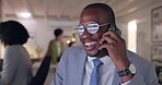 Face, phone call and business with a black man talking in office for communication or chat. Tech, contact and African male employee with glasses and smartphone laughing while networking or marketing