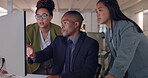 Computer analyst, teamwork and business people in office with project deadline at night. Collaboration, desktop and black man, women or group of employees brainstorming ideas, planning and training