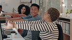 Business stretching and hand with computer at office stress relief with motivation for mental health. Company, employees and exercise at desk with technology for wellness with team for support.