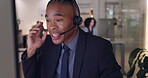 Call center, computer or black man consulting on video call via headset in customer services help desk. Wave, telemarketing virtual assistant or African sales consultant speaking or talking online 