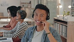 Call center, virtual assistant or face of Asian man consulting in telecom, customer service or communication. Happy, portrait or sales agent explaining on mic headset at crm or technical support 