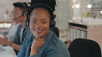 Call center, virtual assistant or face of black woman consulting in telecom or customer service in office. Happy, portrait or African sales agent smiling with mic headset at crm or technical support