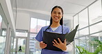Happy, face and a woman or doctor with paperwork for medical results or hospital schedule. Smile, planning and portrait of a clinic nurse with documents for healthcare or medicine services at work