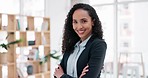 Face, attorney and happy woman with arms crossed in office, company or corporate workplace. Portrait, lawyer and worker, professional and confident employee from Brazil with legal career in business.