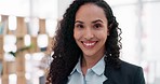 Happy, closeup face and woman in office for business, corporate work and working as a lawyer. Smile, young and portrait of a worker or female legal employee at a company or agency as a professional