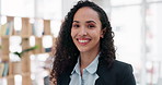 Happy, face and woman in office with pride for business, corporate work and working as lawyer. Smile, young and portrait of a worker or female legal employee at a company or agency as a professional