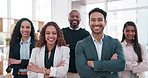 Business people, team and happy portrait in a corporate office with a smile and arms crossed. Diversity men and women together for teamwork, motivation and mission for collaboration and solidarity