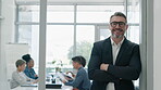 Happy businessman, leadership and meeting in project management or confidence at the office. Portrait of senior male person, CEO or manager smile with arms crossed for team collaboration at workplace