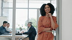 Happy woman, leadership and meeting in project management or confidence at the office. Portrait of creative female person, employee or manager smile for team collaboration or startup at the workplace