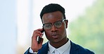 Phone call, serious and businessman in office with stress for corporate consultation on cellphone. Professional, communication and African male person on mobile conversation standing in the workplace