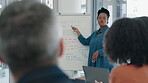 Business meeting, presentation and woman, manager or african speaker on whiteboard of audience training. Coaching, project proposal or company pitch of people speaking or clients attention in seminar