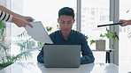 Business man, documents and hands with overwhelmed, busy office and stress with staff, laptop or typing. Japanese businessman, entrepreneur and computer with anxiety, employee group and chaos at desk