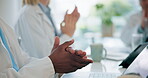 Applause, wow or hands of doctors in meeting for presentation, medical innovation or progress. Clapping, healthcare or closeup of proud group of people in workshop event for medicine development 