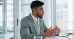 Businessman talking or speaking in job interview or meeting for networking or explaining plan information. Candidate, vacancy or male employee in discussion in workplace for recruitment or onboarding