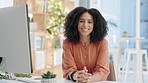 Face, business and woman with a computer, smile and consultant in a workplace, happiness and employee. Portrait, female person and entrepreneur with a pc, website information and internet connection