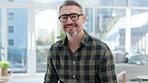 Face, happy man and senior designer in office, startup company or workplace. Portrait, glasses and smile of creative professional entrepreneur, boss and manager from Australia with career in business