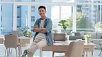 Asian man, face and creative with arms crossed in office, startup or company. Portrait, happy and confident business professional, designer or entrepreneur, worker smile or expert employee from Japan