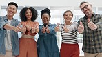 Teamwork, thumbs up and business people for success, thank you or winning, yes and like sign at marketing agency. Portrait of happy diversity group or men and women with okay, good job hands or emoji