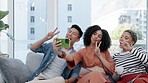 Selfie, friends and peace sign on couch in a apartment with social group taking a profile picture. Living room, young people and sofa with photo for social media app in a lounge with emoji hand sign