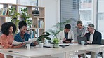 Laptop, employee question and collaboration of leader, business people or design team work on meeting review. Diversity group, office teamwork or asking woman cooperation on brand development project