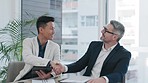 Tablet, office handshake and people, partner or clients in finance partnership, business agreement and deal. Financial advisor, digital accountant or man shaking hands with CEO investor in meeting