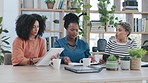 Business, staff and women brainstorming, paperwork and planning with a schedule, meeting and teamwork. Group, documents or female people with support, share ideas and collaboration with a partnership