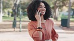 African woman, park and phone call with smile, conversation and contact with mobile network in summer. Young lady, smartphone and contact for chat, listening and happy for news, announcement or info