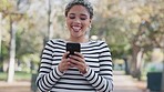 Outdoor, smile and woman with a smartphone, typing or connection with social media, communication or sms. Female person, park or girl with a cellphone, mobile application or network with website info