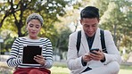 Technology, tablet and business people in park working outdoors for online website, research and social media. Friends, corporate workers and man and woman for communication, networking and commute