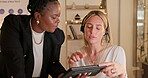 Call center, tablet or woman with manager in training, coaching or speaking of online sales strategy. Learning, leadership or team leader teaching or helping virtual assistant with computer advice